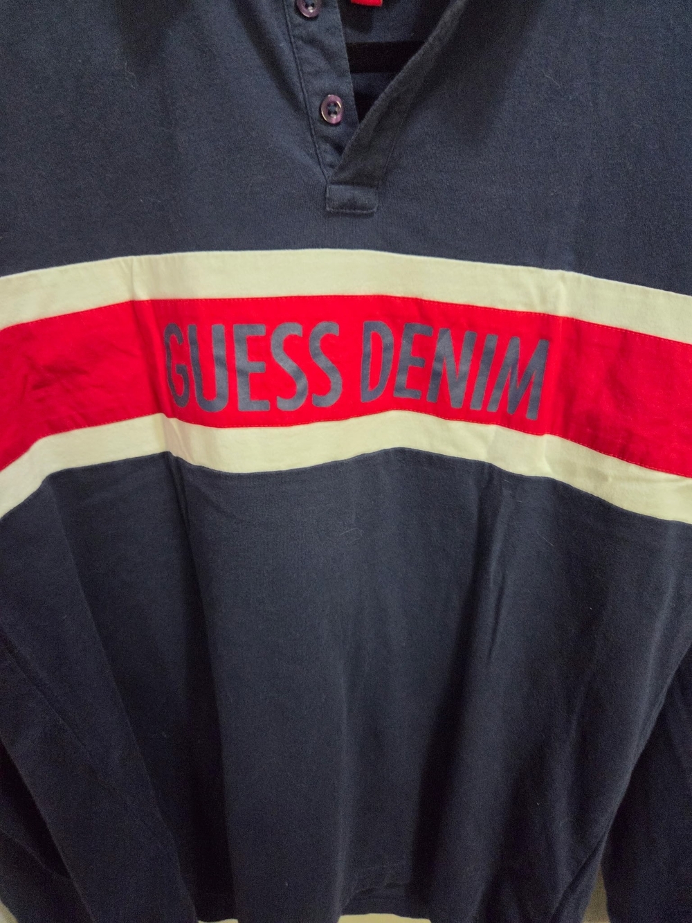 Guess Men’s Navy Polo with Red and Cream Stripe